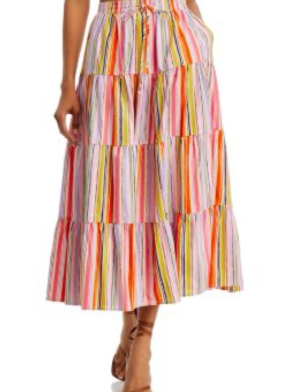 Aqua Striped Tiered Midi Skirt in Pink, Orange, Yellow & Blue - S